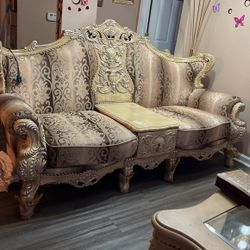 Antique Oak Latisha Fabric Custom Made King Queen Seat Table In Middle 