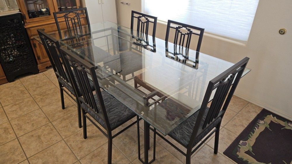 Dining Set Metal Frame Glass Top With 6 Chairs