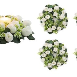 NUPTIO Flower Wedding Centerpieces for Tables - 4 Pcs 14 inch Diam Large White Artificial Flowers Fake Roses Candle Rings Wreaths Spring Summer 