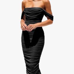 Women's Summer Off Shoulder Ruched Bodycon Dress Sleeveless Slim Fit Party Club Dress