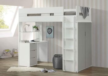 White Gray Finish Twin Size Loft Bed Workstation Storage File Cabinet Desk & Wardrobe / cama escritorio litera