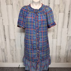 Vintage Spotlight Blue Plaid Button Down Ruffle Hem Dress – Size XL