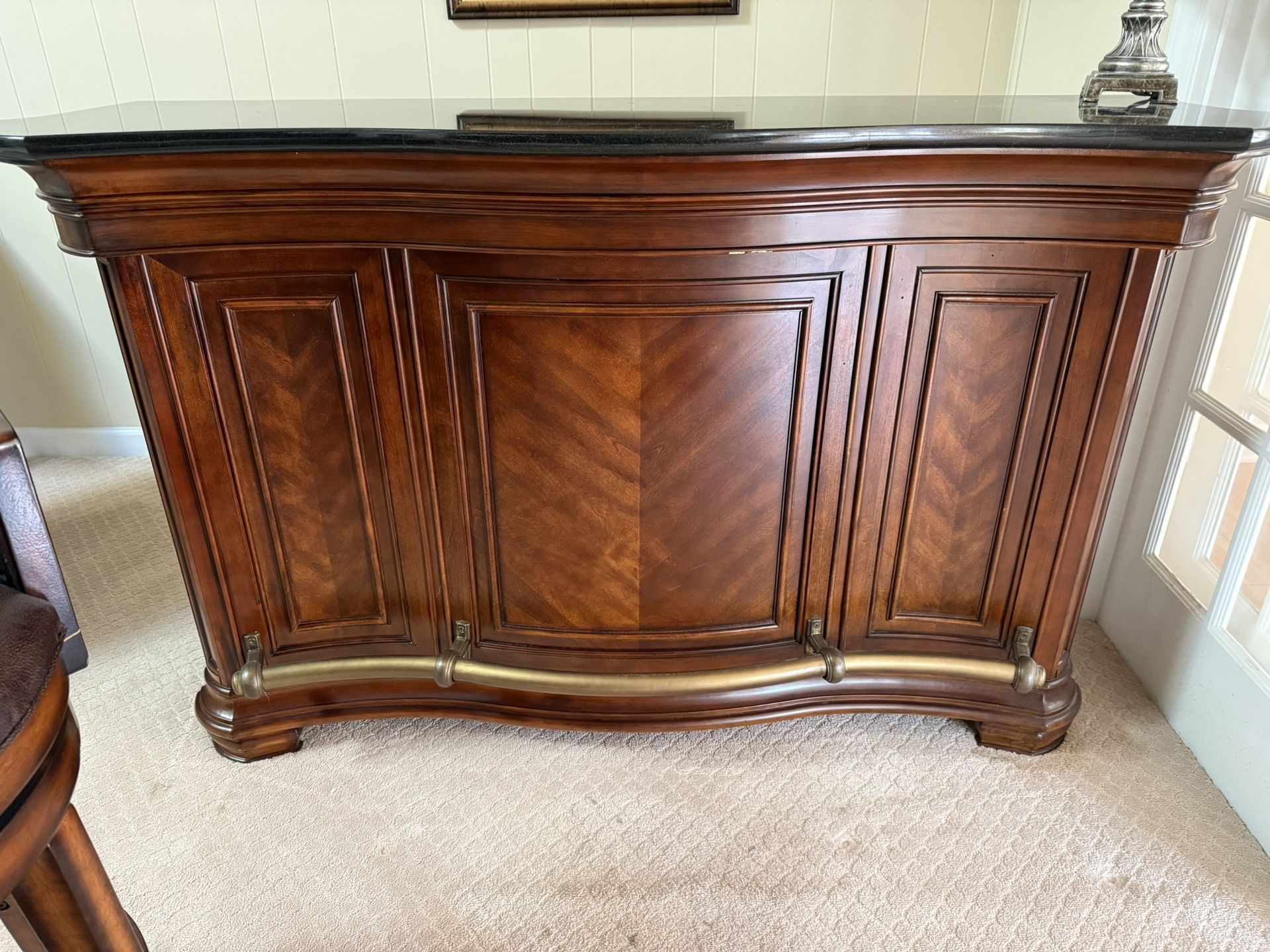 Wood and Marble Bar With Two Swivel Chairs