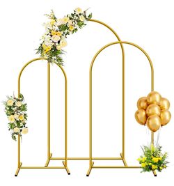 Metal Arch Backdrop Stand, Set of 3 (4ft / 5ft / 6ft) Gold Arch Backdrop with 12 Ground Nails, Stable Arched Background Stand for Wedding, Baby Shower