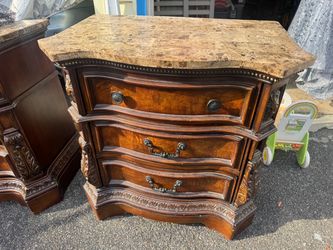 Ornate Wood Nightstand with Marble Top