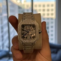 VVS1 Moisanite Diamond Fully Iced Out Cartier Skelton Watch W Box + Papers Included 