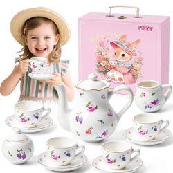 Tea Party Set for Little Girls Ages 3-8, White Floral Porcelain Tea Set with Gold Trim Edges, Princess Tea Time Toy Includes Pot & Cups & Sauce