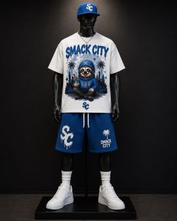 Smack City White & Blue Sloth T-Shirt & Shorts Set - NYC Streetwear Since 2026