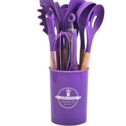 12 Piece /Set Of High-End Non Stick Silicone Kitchen Utensils With Ergonomic Wooden Handle - Heat-Resistant And Easy To Clean, Suitable For Cooking An