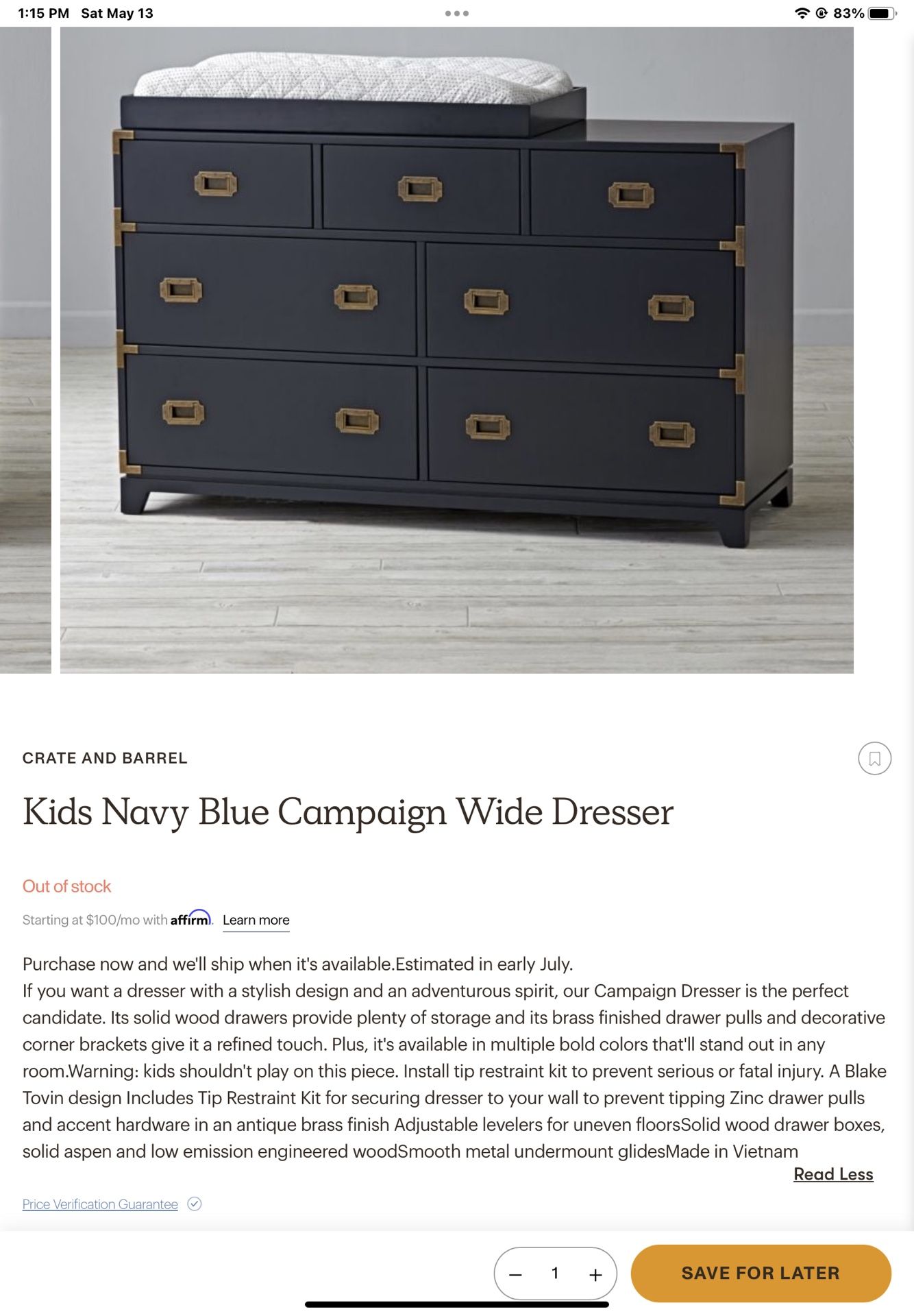 Crate & barrel Navy Blue Campaign Dresser( With Changing Topper)- Beautiful
