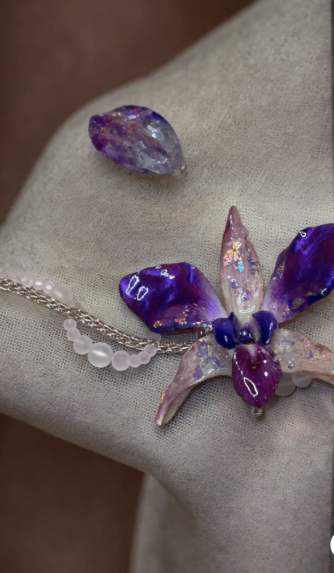 Handmade Sparkly Purple Orchid Hand Beaded Choker Necklace 