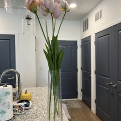 Pottery Barn Tall Glass Vase With Artificial Flowers