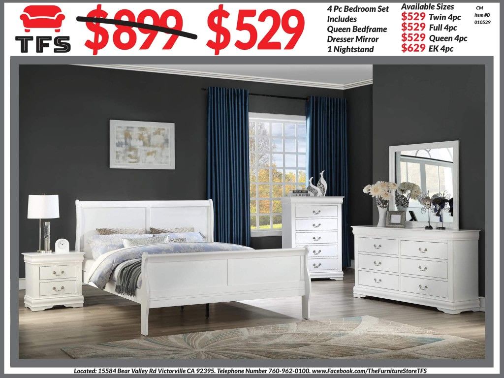 4pc Bedroom Set $529 Queen $629 Eastern King Includes bedframe Dresser mirror nightstand White Bedroom Set