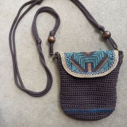 The Sak Blue Aztec Design Crochet Crossbody Purse