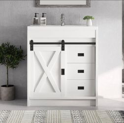 31" Bathroom Vanity with Sink, 2 Drawers & Sliding Barn Door Cabinet, White
