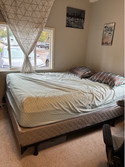 Queen bed with mattress, box frame and mattress topper