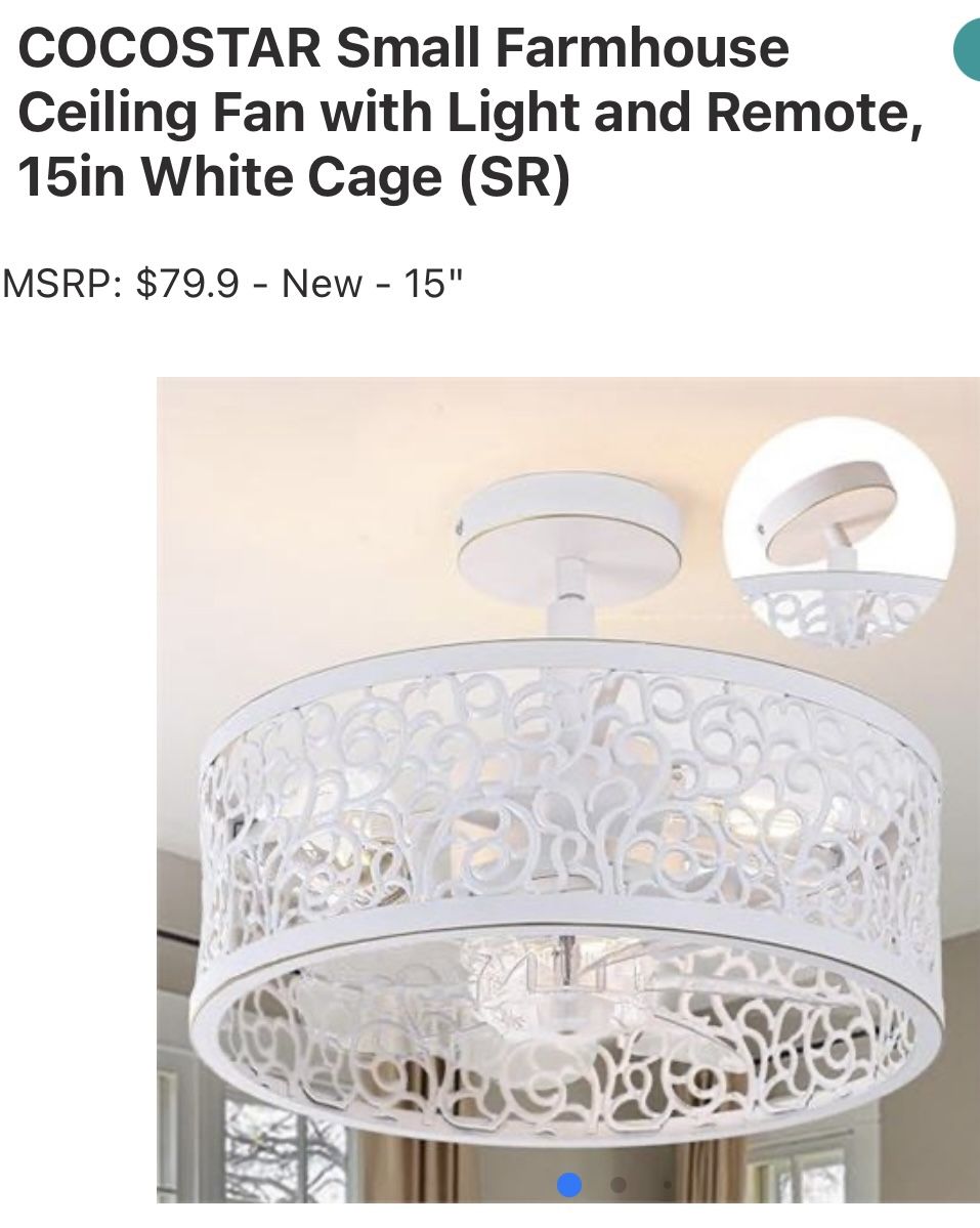COCOSTAR Small Farmhouse Ceiling Fan with Light and Remote, 15in White Cage (SR) MSRP: $79.9 - New - 15"