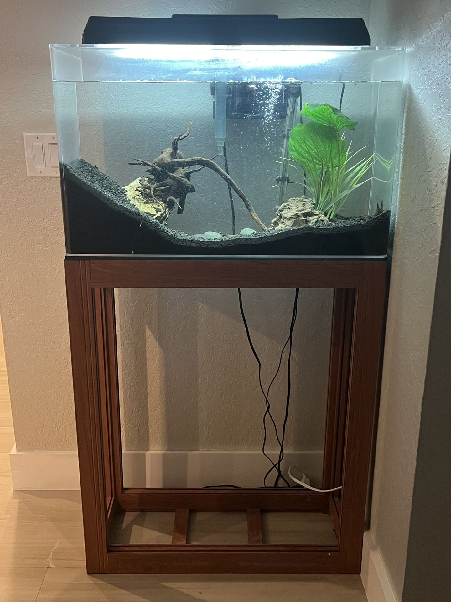 40 Gallon Frameless Aquarium + Wooden Stand + Filter + Heater