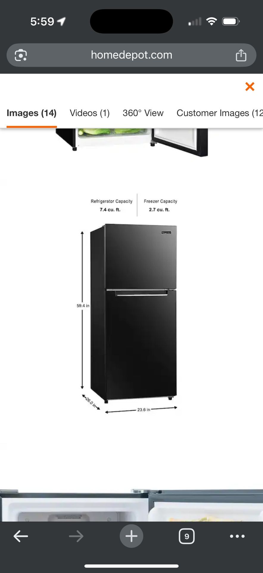 Practically New, 10.1 cu. ft. Top Freezer Refrigerator in Black - Magic Chef