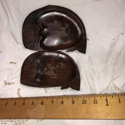 2 Japanese Vintage Carved Wood Fish Trays 