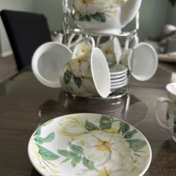 BUY 1  GET1 FREE 14 Pieces Porcelain Tea Set With Metal Holder, European Ceramic tea set,Flower Tea