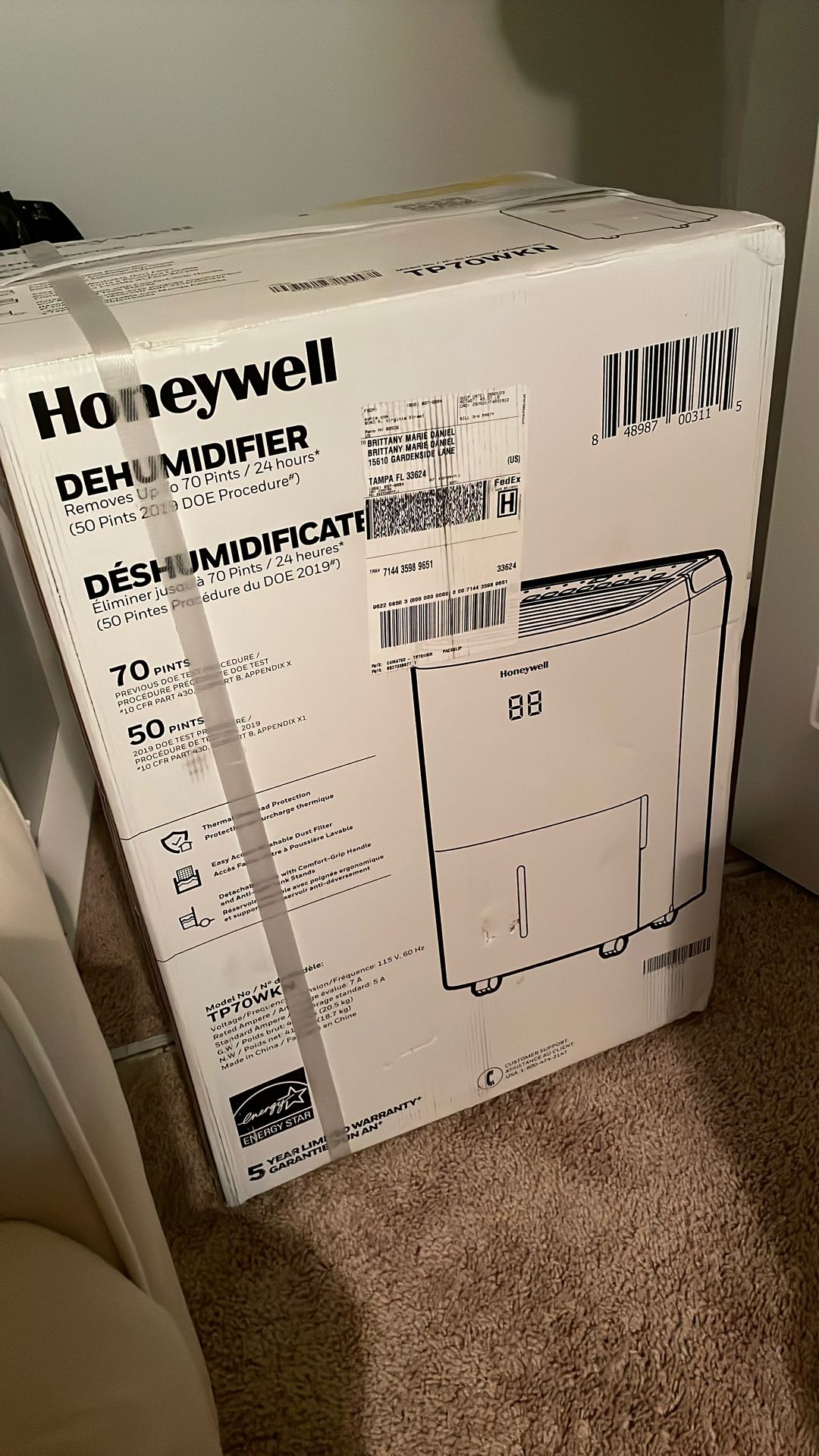NEW IN BOX TP70WKN Honeywell Dehumidifier 70 Pint (4000 Sq Ft)