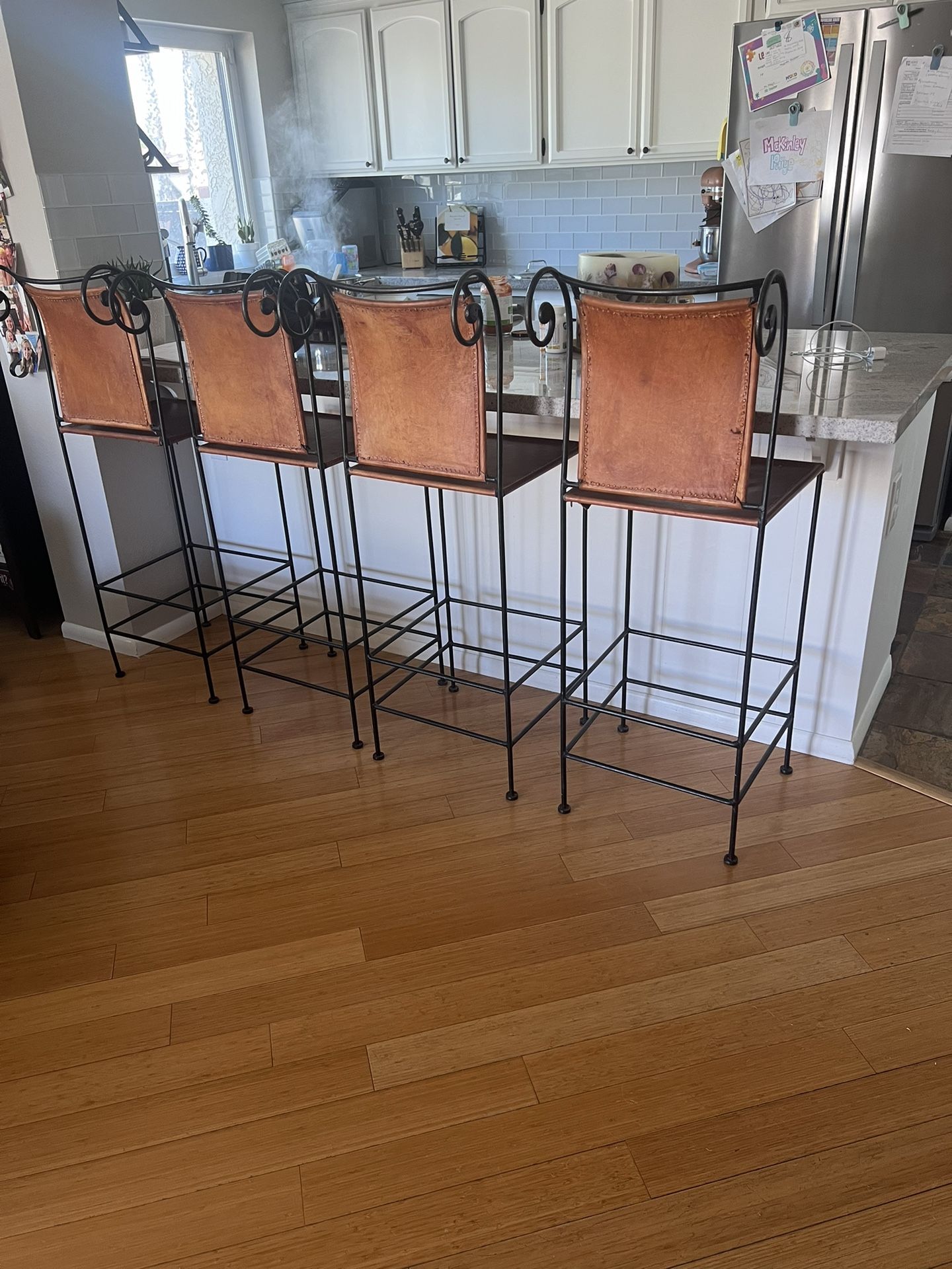 Leather and Wrought Iron Barstools 