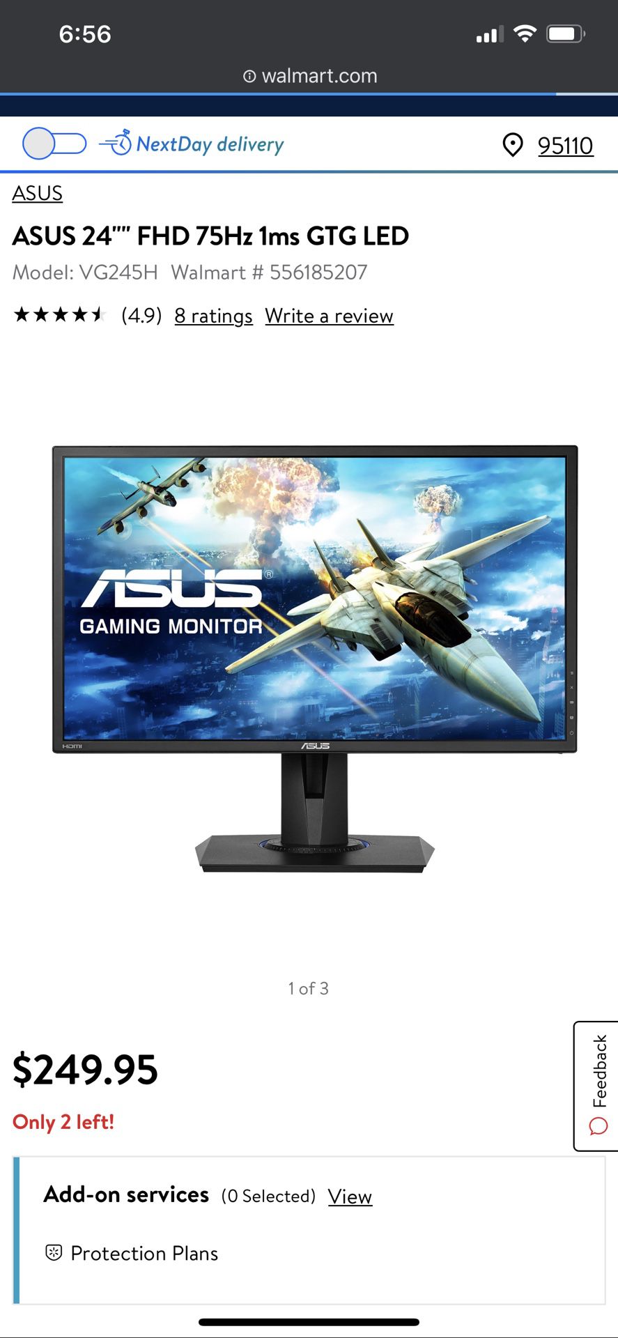 Asus gaming monitor VG245 75hz 1ms response time