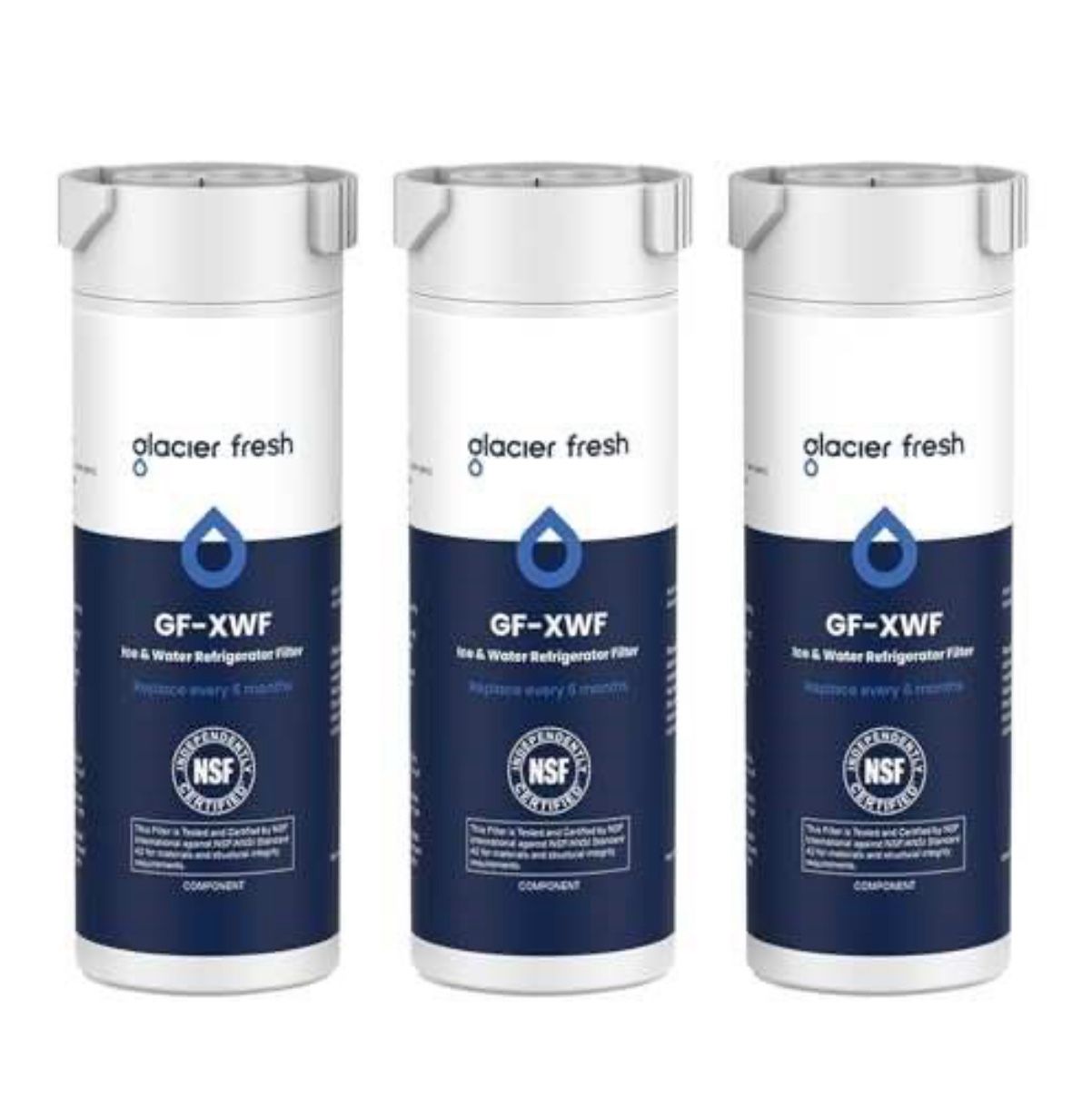 The GLACIER FRESH XWF Replacement for GE XWF Refrigerator Water Filter is a pack of 3 white water filters made of plastic. It is specifically designed