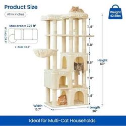 😀 MWPO Large Cat Tree for Indoor Cats, 63-inch Cat Tower with 3 Large Cat Condos for Big Cat, Cat Tree Tower with Scratching Posts, Padded Perches