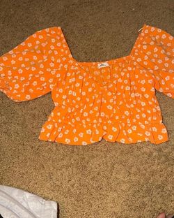 Orange Floral Crop Top with Puff Sleeves