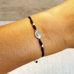 Black string 925 sterling silver Our lady of Guadalupe adjustable bracelet