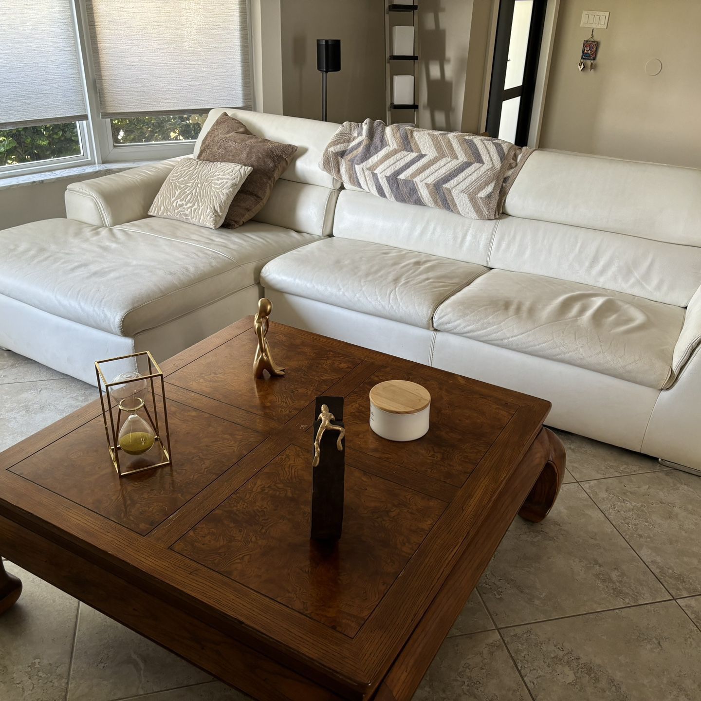 Chinese Coffee Table/ White Leather Sectional 