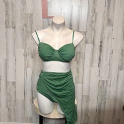 Green Sparkle 3-Piece Bikini Set Women’s Size L | Ruched Top + Bottoms + Sarong NWT