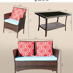 😀 4Pcs PE Rattan Outdoor Patio Furniture Set with Cushions, Wicker Sectional Sofa with Loveseat & Tempered Glass Coffee Table for Backyard, Garden,
