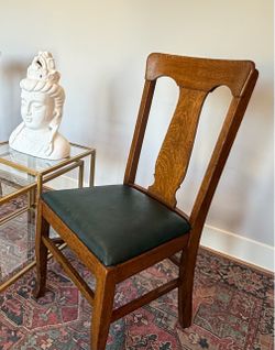 Antique Tiger Oak Chair – Green Leather Seat