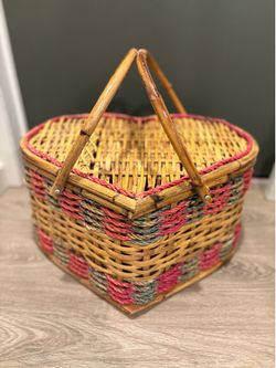 Large Vintage Heart-Shaped Bamboo Handled Wicker  Picnic Basket Pink and Green Rope Weaving