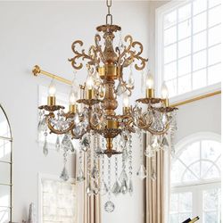 5857: New Luxury Antique Bronze Crystal Chandeliers with Candle Pendant Ceiling Light Fixture - 6 Lights Gold Crystal Chandelier for Dining Room, Livi
