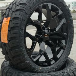 22" Chevy Silverado GMC Sierra Glossy BLACK Wheels & Tires 33" Off-Road Suburban Escalade Tahoe Yukon Rims Rines Setof4..FINANCING