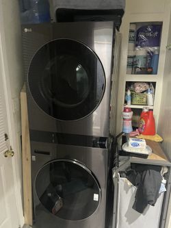 LGWashTower Stacked SMART Laundry Center 5.0 Cu.Ft. Front Load Washer & 7.4 Cu.Ft. Gas Dryer in Black Steel w/ Steam
