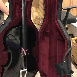 Black Cecilio full sized cello and bow in hard sided canvas case