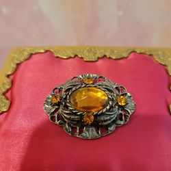 Vintage Celtic Orange Glass Stone Silvertone  Pewter Ornate Brooch Pin 1.75x1.5" F9
