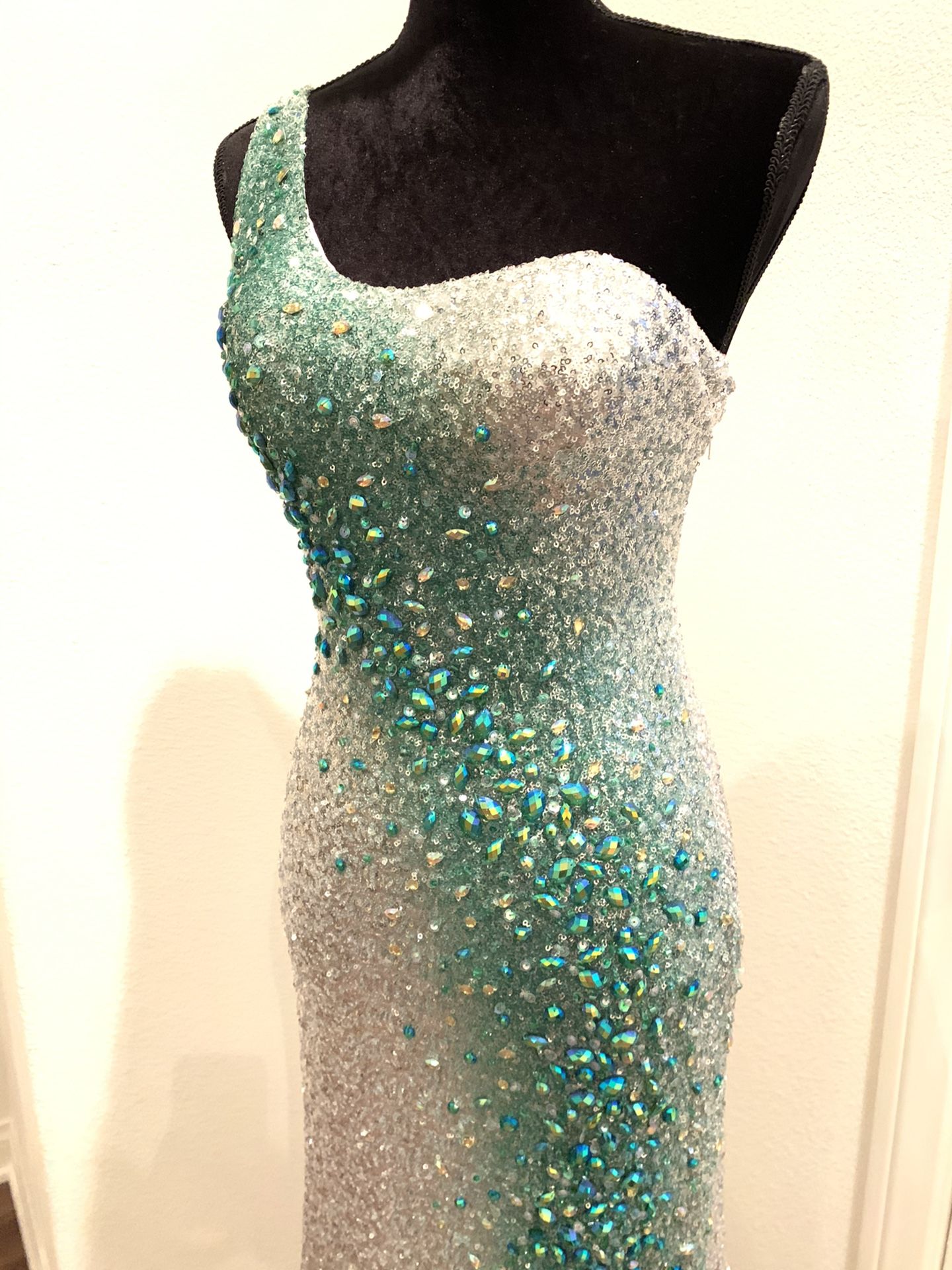 La Femme Maxi, One Shoulder, Silver and Teal Dress