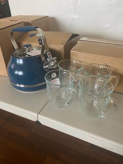 Tetera azul  y tazas  de cristal Wildflower