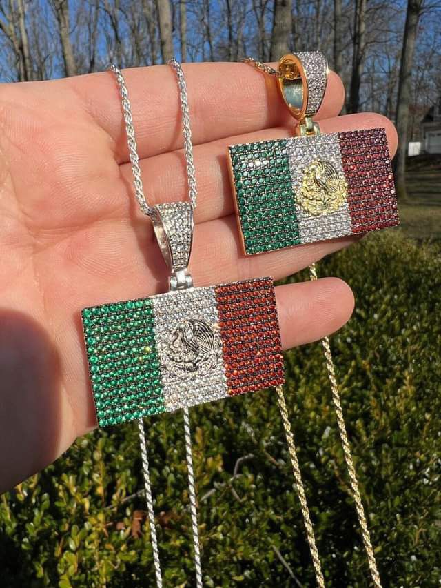 Mexico Necklace 925 Silver Gold Plated Mexican Flag Pendant Chain CZ Necklace