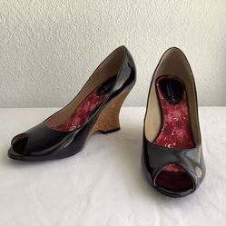 Y2K  Womens Kenneth Cole Pum Cork Wedge Heels Patent  Black Size 7 