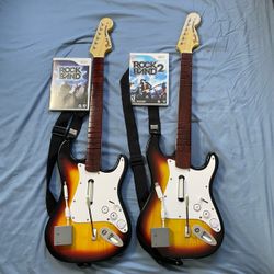 Nintendo Wii Rock Band 2 Guitar Stratocaster 2 Games 2 Dongles Bundle
