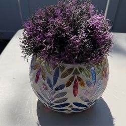 PURPLE & WHITE MOSAIC VASE W ARTIFICIAL PURPLE FLOWERS