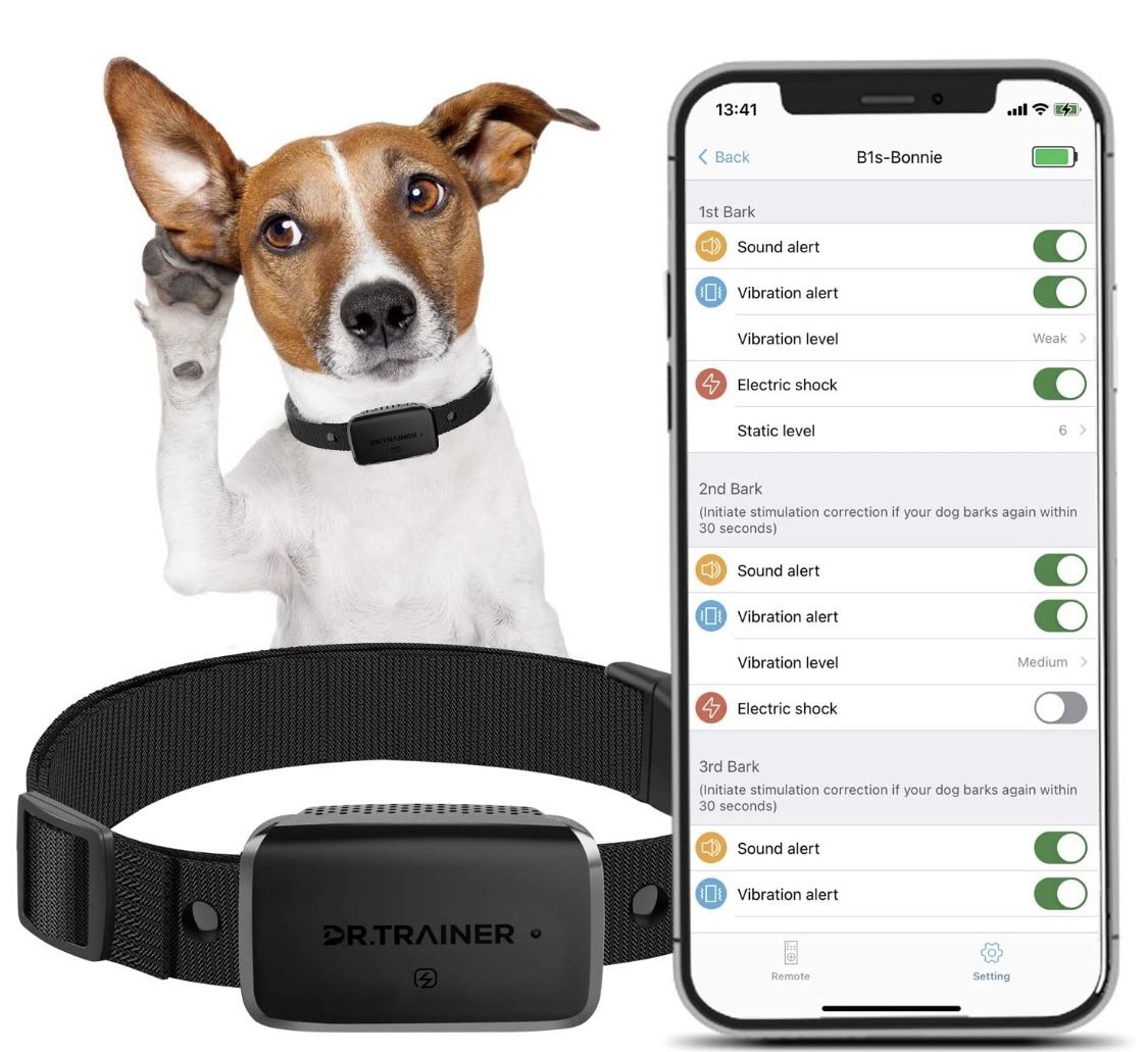 Dr.Trainer B1s Dog Bark Collar with APP Control, Waterproof Dog Training Collar, 3 Training Modes (Vibration/Beep/Shock Modes) Adjustable 0~99 Static