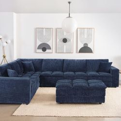 Large 7pc Modular Sectional Sofa In Comfortable Corduroy
